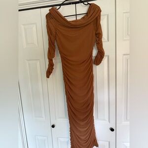 Brown off the shoulder long sleeve dress